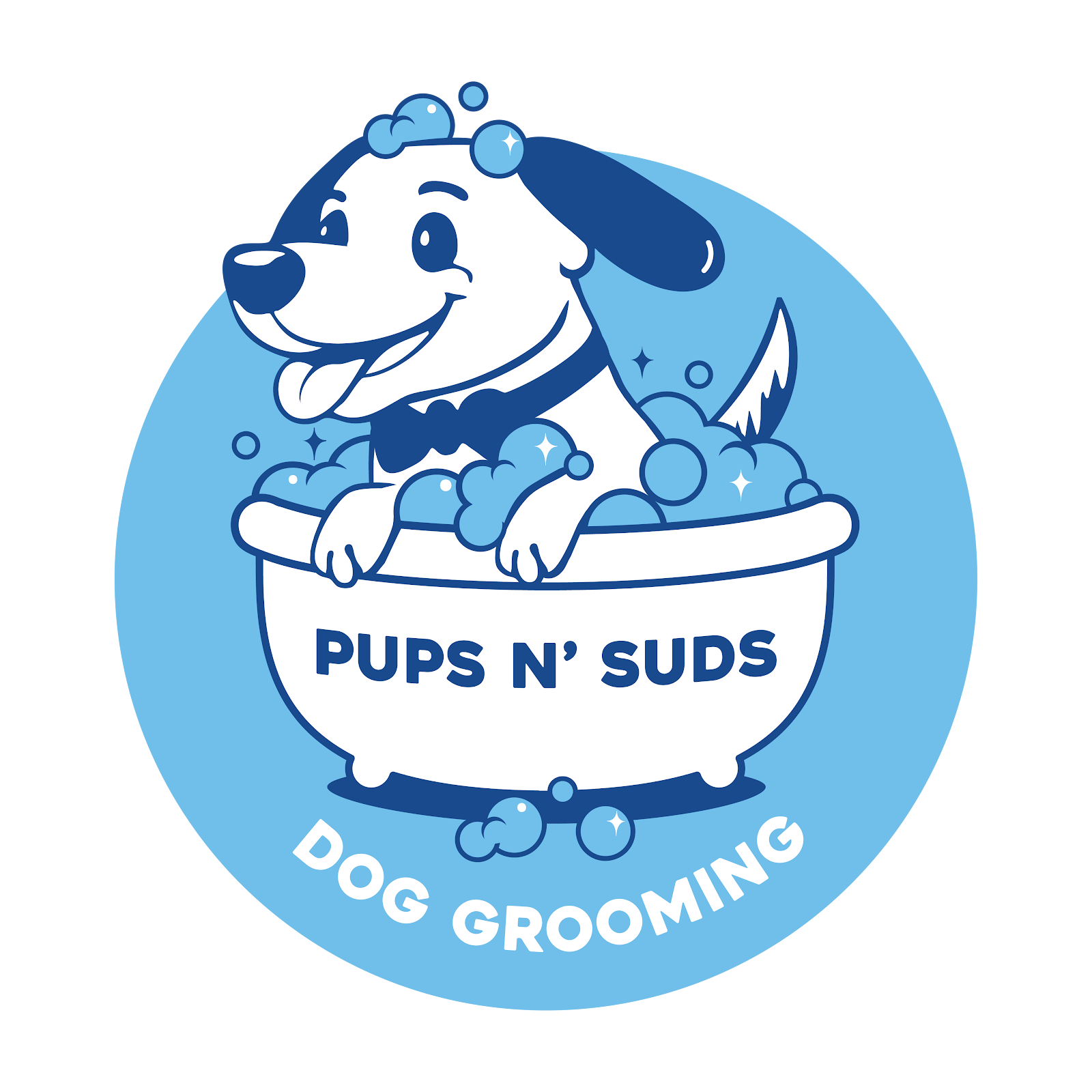 Pups N' Suds Dog Grooming logo — cartoon dog in a bathtub