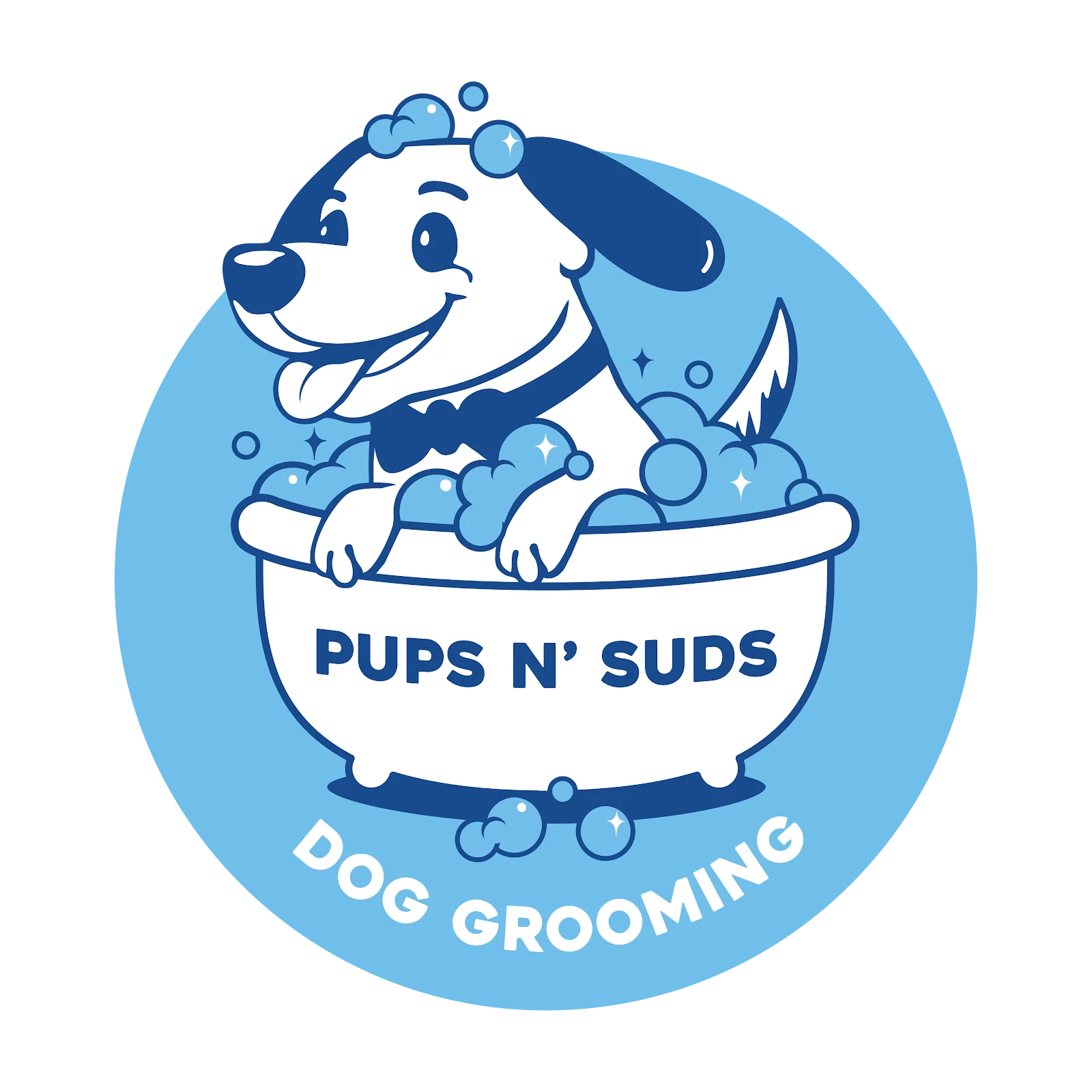 Pups N' Suds Dog Grooming logo — cartoon dog in a bathtub